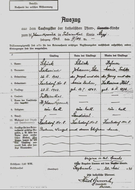 Geburt am 26.06.1903 in Karlsdorf, Katharina Schick