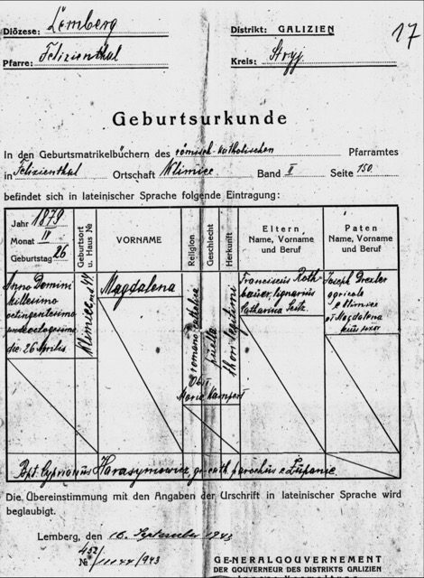 Geburt an 26.04.1879 in Klimiec, Magdalena Rothbauer