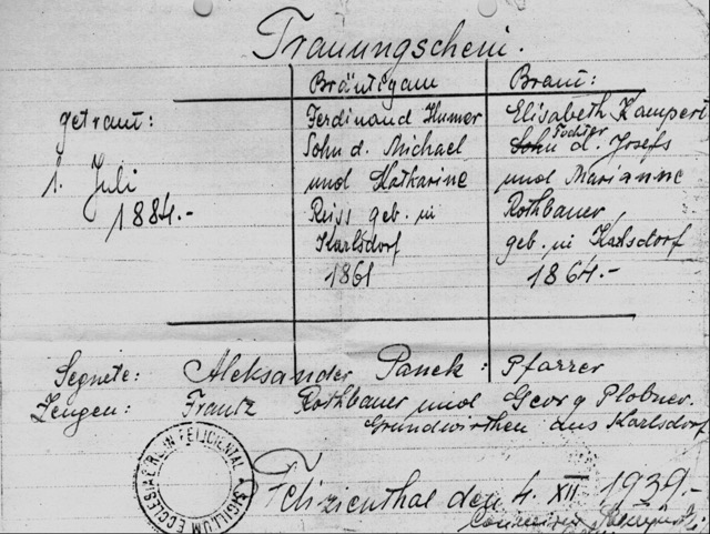 Heirat am 01.07.1884 in Karlsdorf, Ferdinand Hummer und Elisabeth Kampert