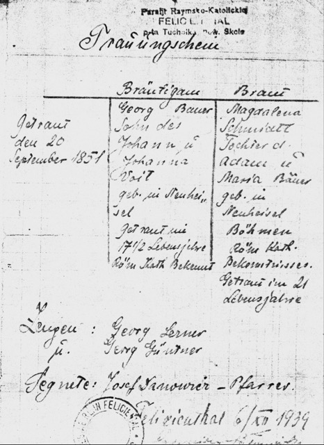 Heirat am 20.09.1851 in Felizienthal, Georg Bauer und Magdalena Schmidt