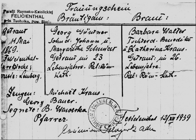 Heirat am 11.05.1869 in Felizienthal, Georg Güntner und Barbara Walter