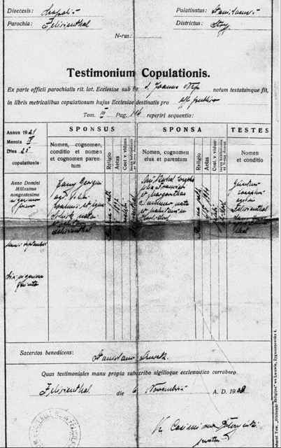 Heirat am 25.06.1921 in Felizienthal, Georg Jany und Josefa Mückschel