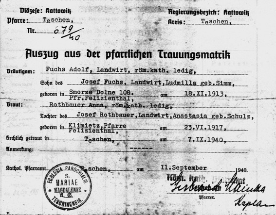 Heirat am 07.09.1940 in Teschen/Polen, Josef Fuchs und Anna Rothbauer