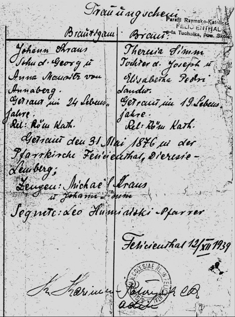 Heirat am 31.05.1876 in Felizienthal, Johann Kraus und Theresia Simm