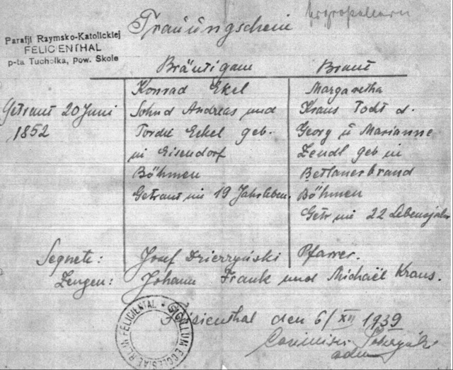 Heirat am 20.06.1852 in Felizienthal, Konrad Eckel und Margarethe Kraus