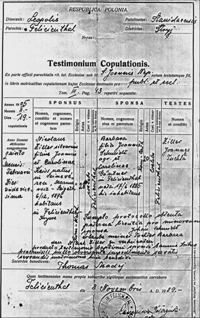 Heirat am 19.02.1905 in Felizienthal, Nikolaus Ziller und Barbara Schmidt