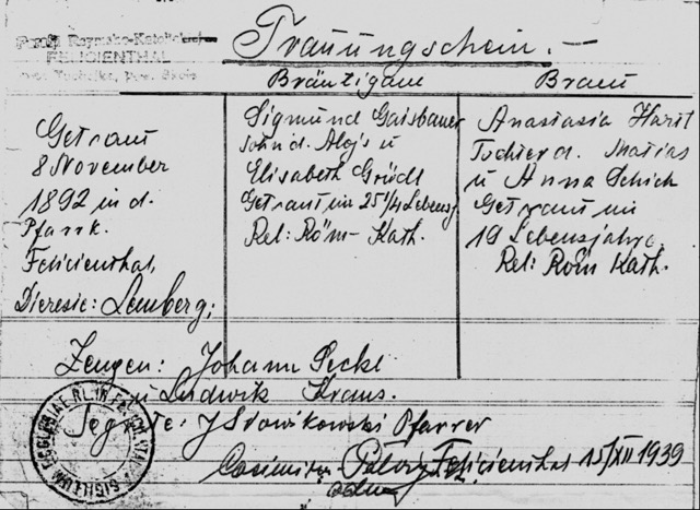 Heirat am 08.11.1892 in Felizienthal, Sigmund Gaisbauer und Anastasia Hartl