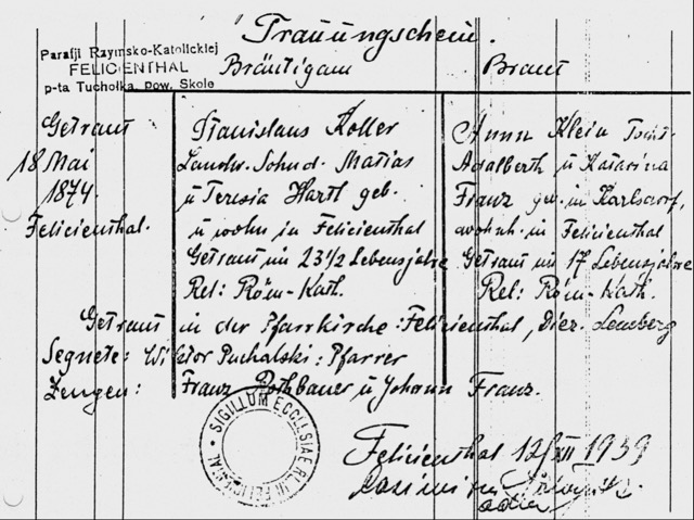 Heirat am 18.05.1874 in Felizienthal, Stanislaus Koller und Anna Klein