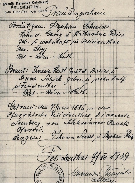 Heirat am 07.06.1886 in Felizienthal, Stefan Schmidt und Theresia Hartl